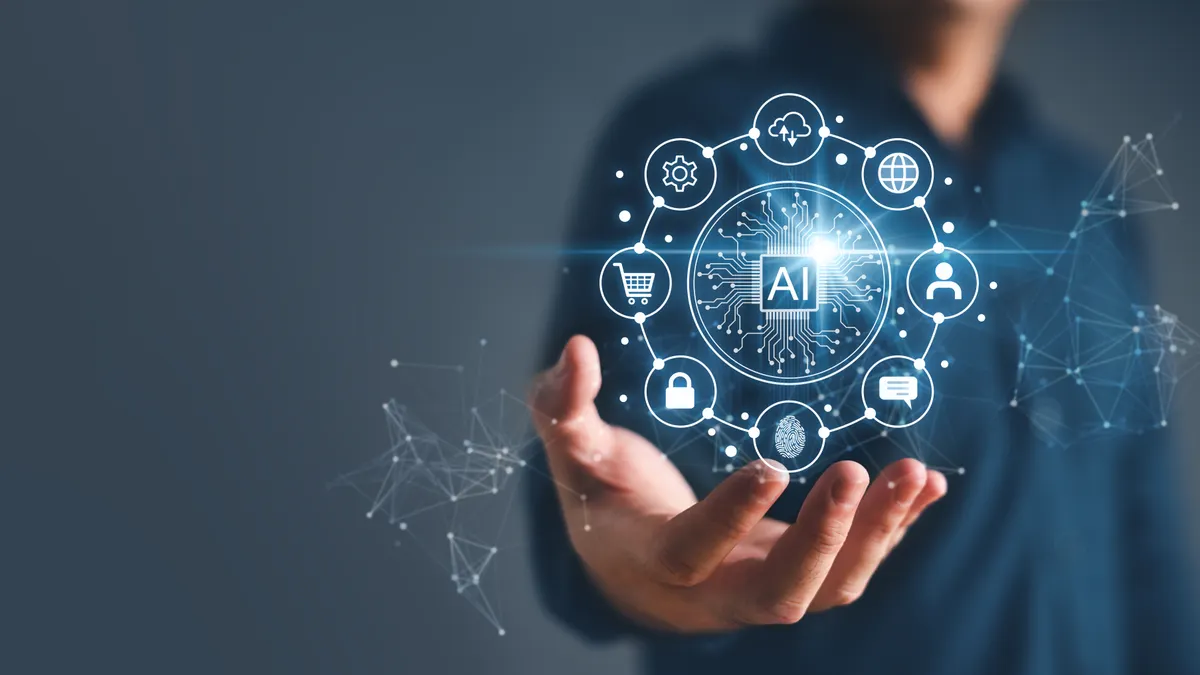 Artificial intelligence and automated machine learning language blue digital user interface with businessman's hand.